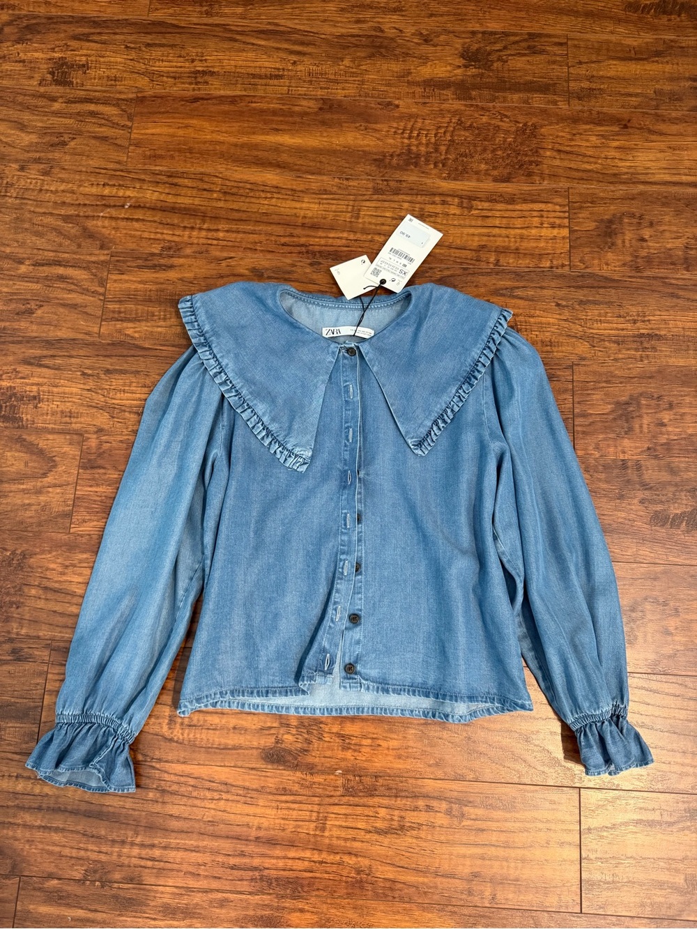 Zara Light Blue Denim Button-Down with Ruffle Collar